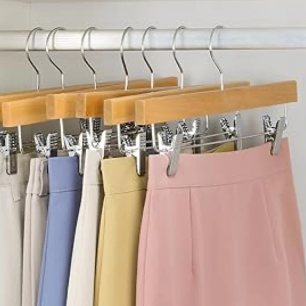 5 Piece Bamboo Hardwood Adjustable Chrome Sleek Clip Pant Hangers Swivel Hook